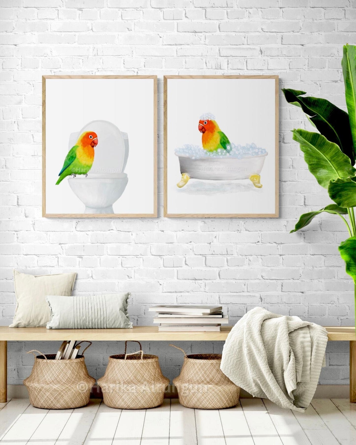 Tropical Lovebird Bathroom Print Set of 2, Parrot In Bathtub, Bathroom Wall Art, Bird Memorial Painting, Birdwatcher gift, Bird Lover Art