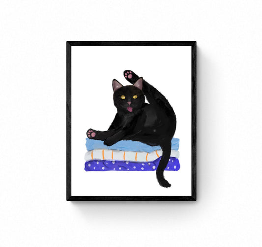 Black Cat on Laundry Print, Cat Sitting on Folded Linens, Laundry Wall Art, Cat Illustration, Home Decor, Cat Memorial, Cat Mom Dad Gift