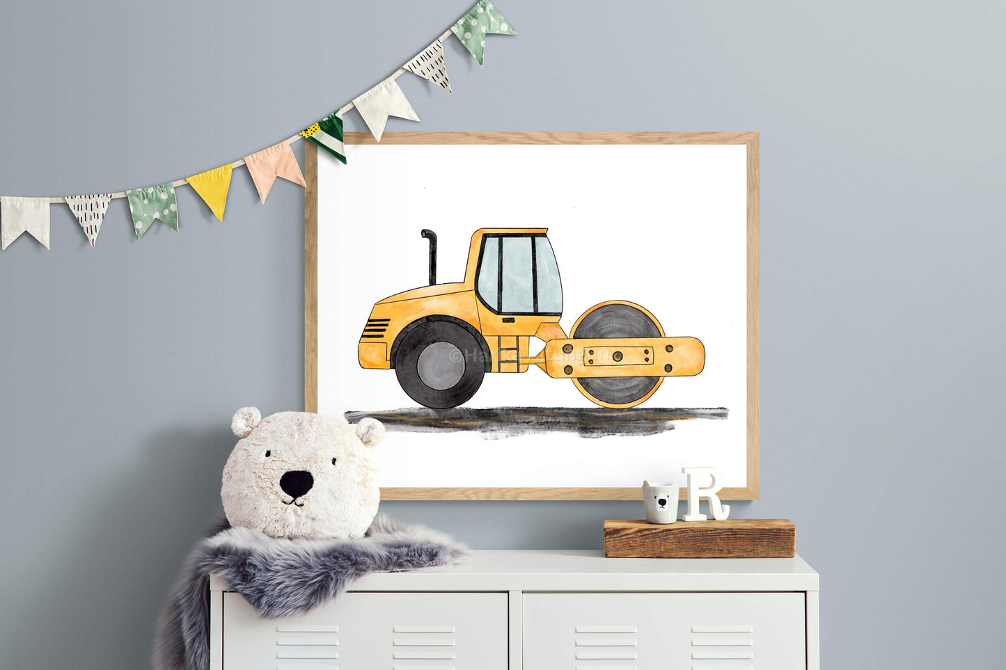 Asphalt Steam Roller Art, Construction Wall Art, Original Painting, Boys Nursery Art, Road Roller Vehicle Poster, Nursery Gift, Children Art