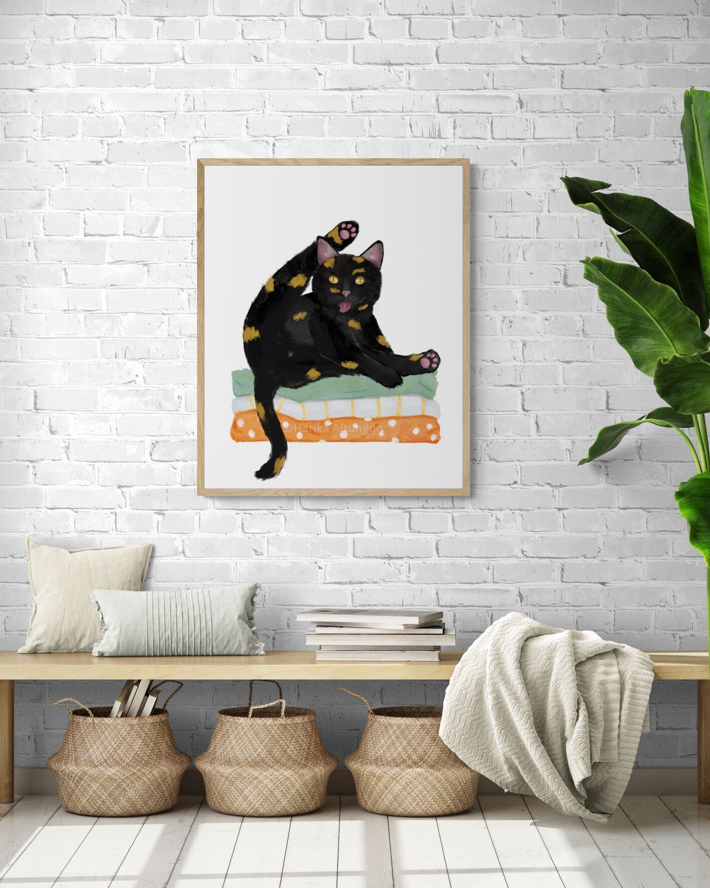Tortoiseshell Cat on Laundry Print, Tortie Cat Sitting on Folded Linens, Laundry Wall Art, Cat Illustration, Home Decor, Cat Memorial