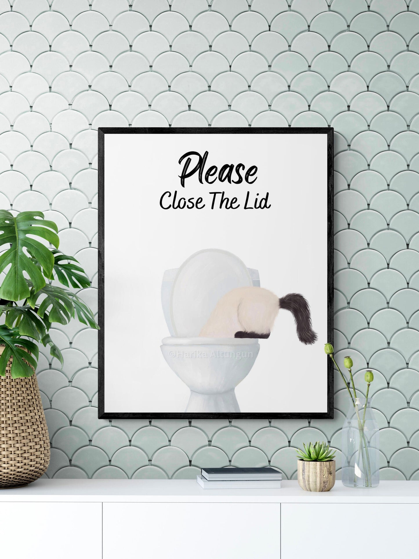 Himalayan Cat Drinking Water From Toilet Sign, Fat Fluffy Cat Print, Bathroom Decor, Cat Painting, Kitty Licking Water From Toilet Art