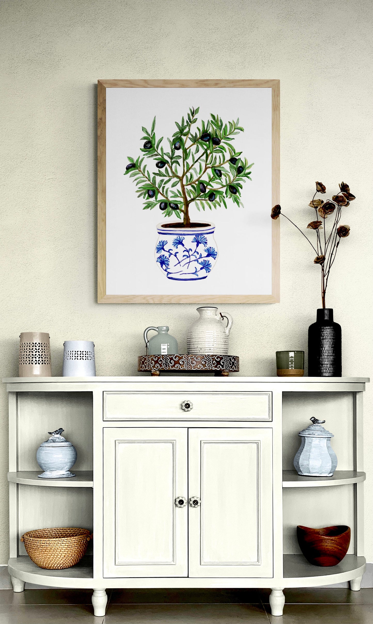 Olive Tree Art Print, Still Life Wall Art, Blue White Planter, Dining Room Decor, Botanical Painting, Fruit Illustration, Farmhouse Decor
