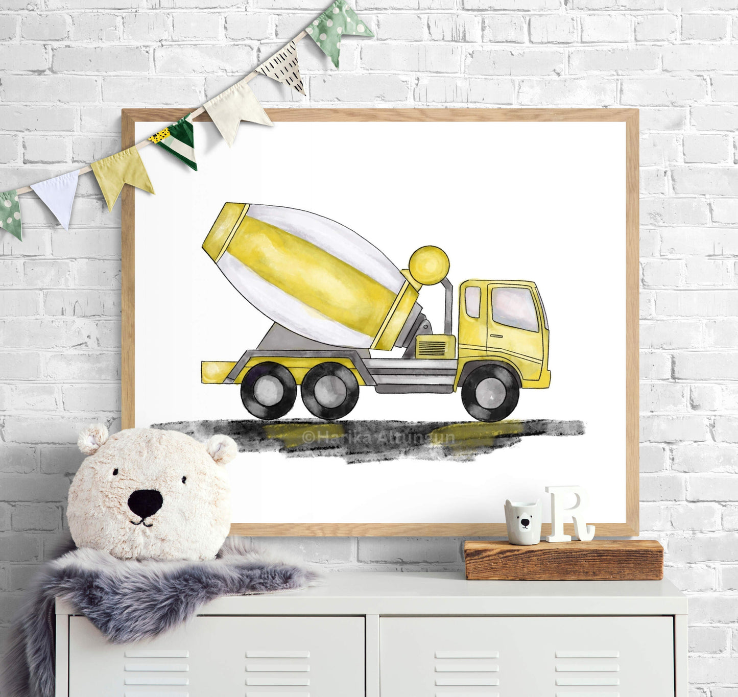 Yellow Cement Truck Print, Cement Truck Painting, Construction Nursery Art, Vehicles Print, Kids Wall Art, Boys Room Gift
