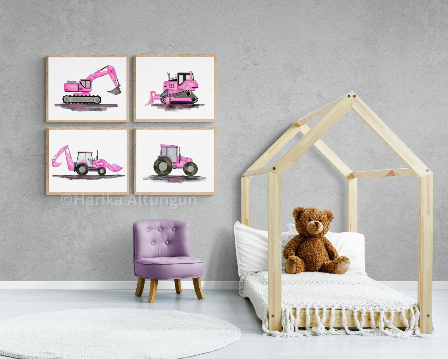 Set of 4 Pink Construction Vehicle Prints, Excavator Print, Backhoe Art, Girls Nursery Wall Art, Pink Bulldozer Art, Crane Truck Artwork