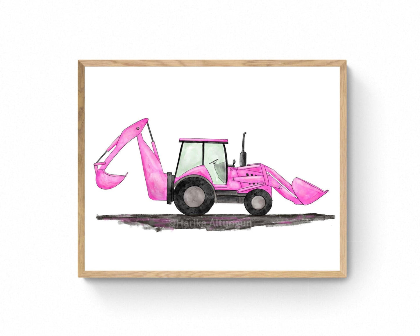 Set of 4 Pink Construction Vehicle Prints, Excavator Print, Backhoe Art, Girls Nursery Wall Art, Pink Bulldozer Art, Crane Truck Artwork