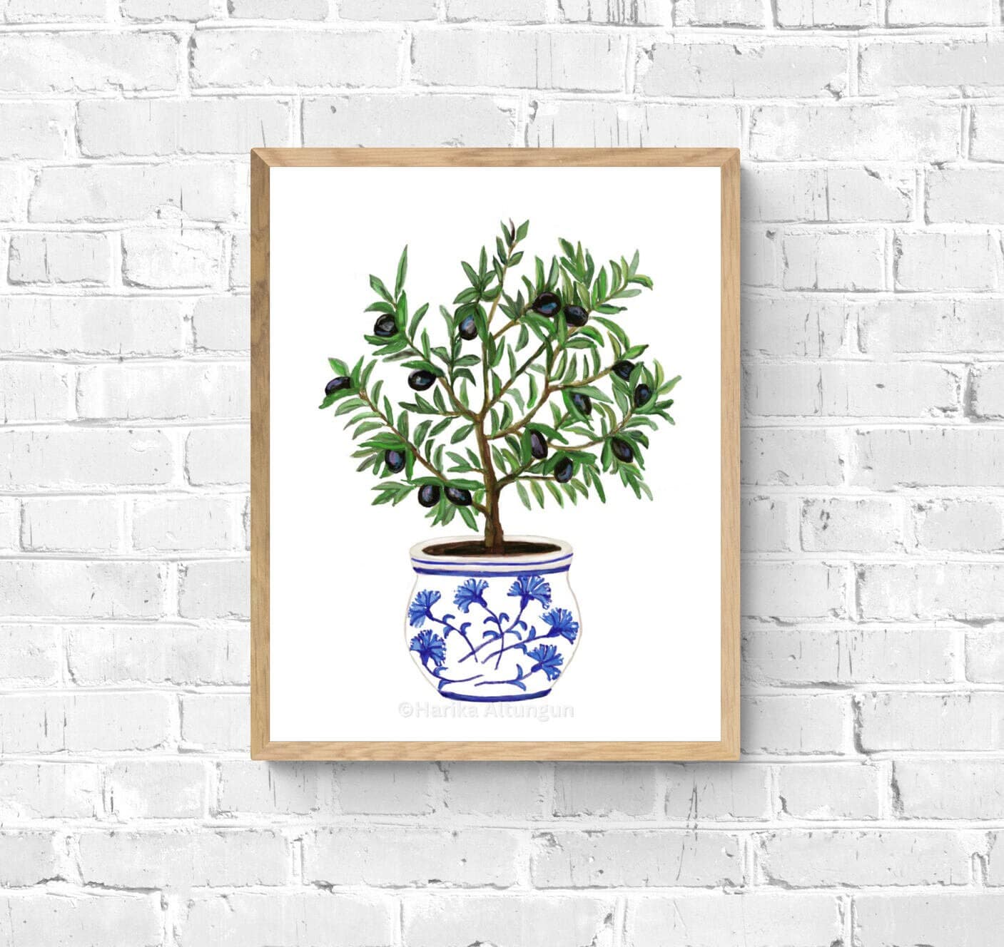 Olive Tree Art Print, Still Life Wall Art, Blue White Planter, Dining Room Decor, Botanical Painting, Fruit Illustration, Farmhouse Decor