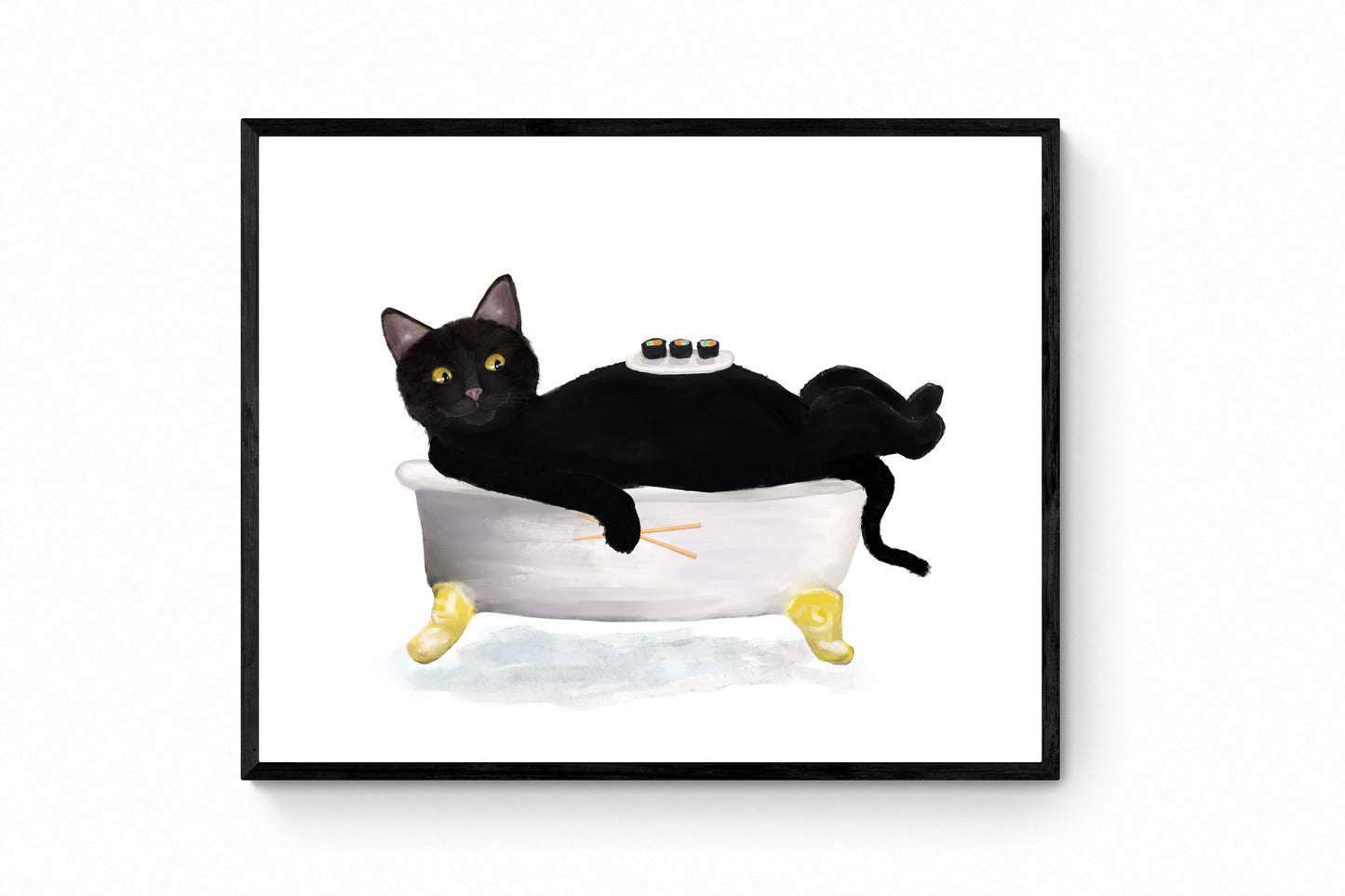 Black Cat Eating Sushi in Tub Print