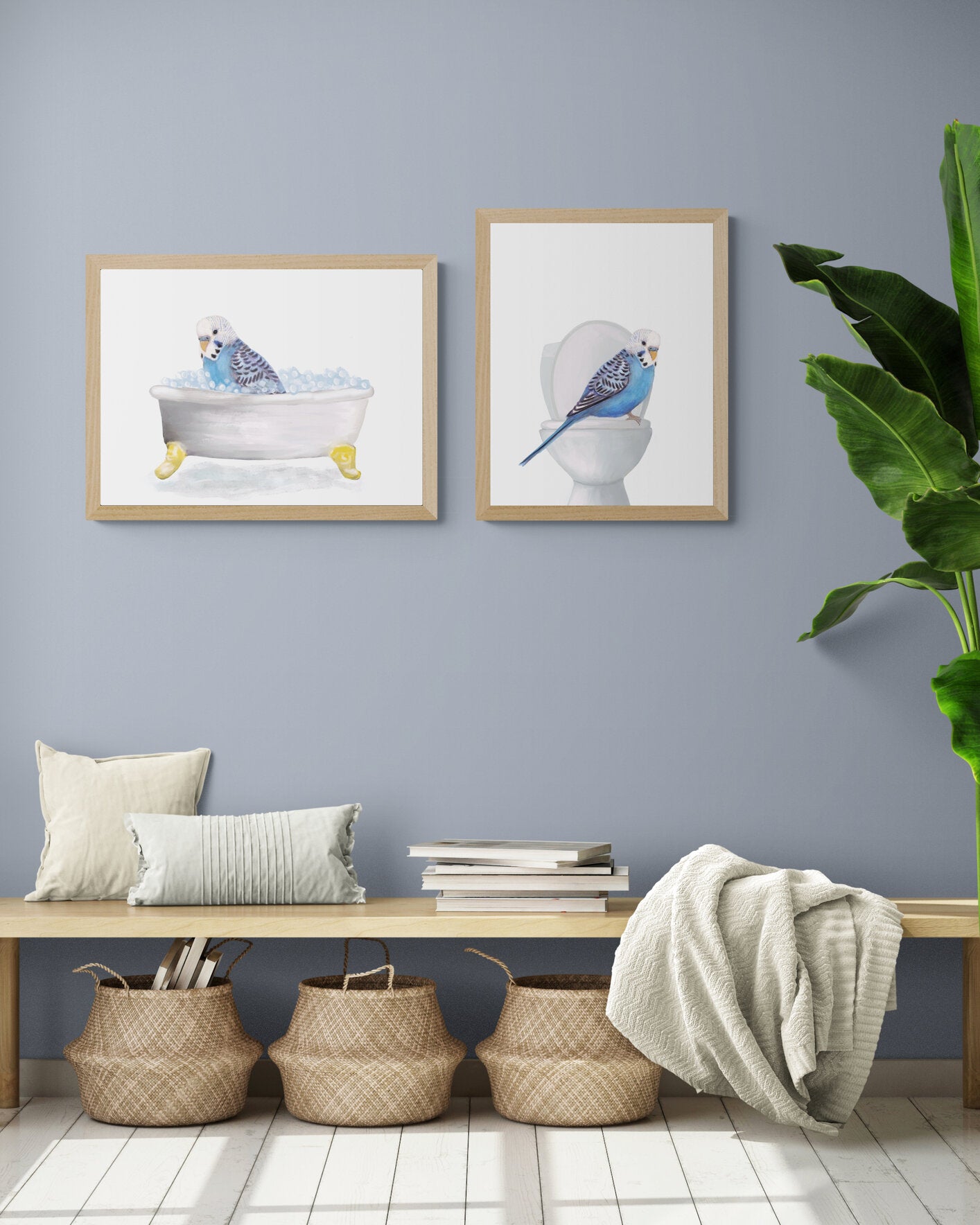 Blue Budgie in Bathroom Set of 2, Blue Parakeet On Toilet Print, Budgie In Bathroom, Animal Bathroom Wall Art, Bird Memorial Painting