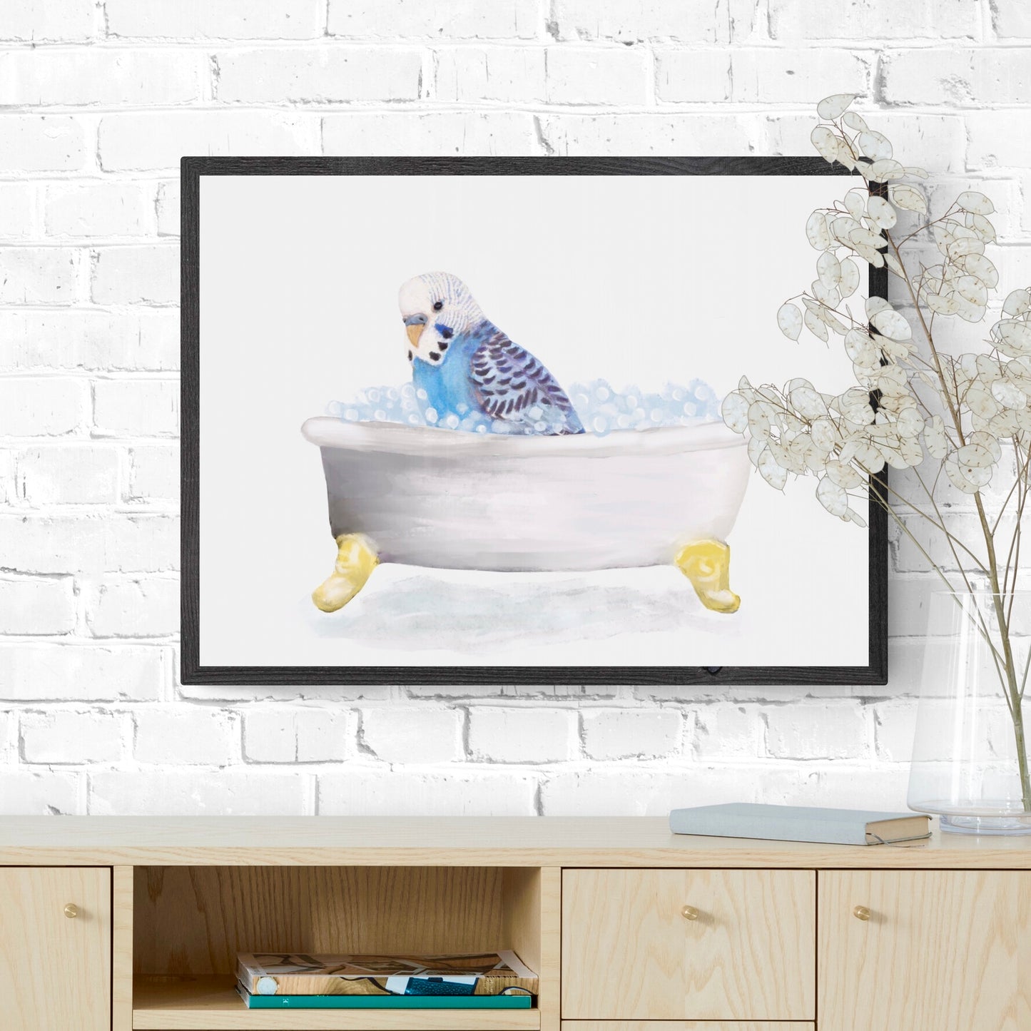 Blue Parakeet Bathing Print