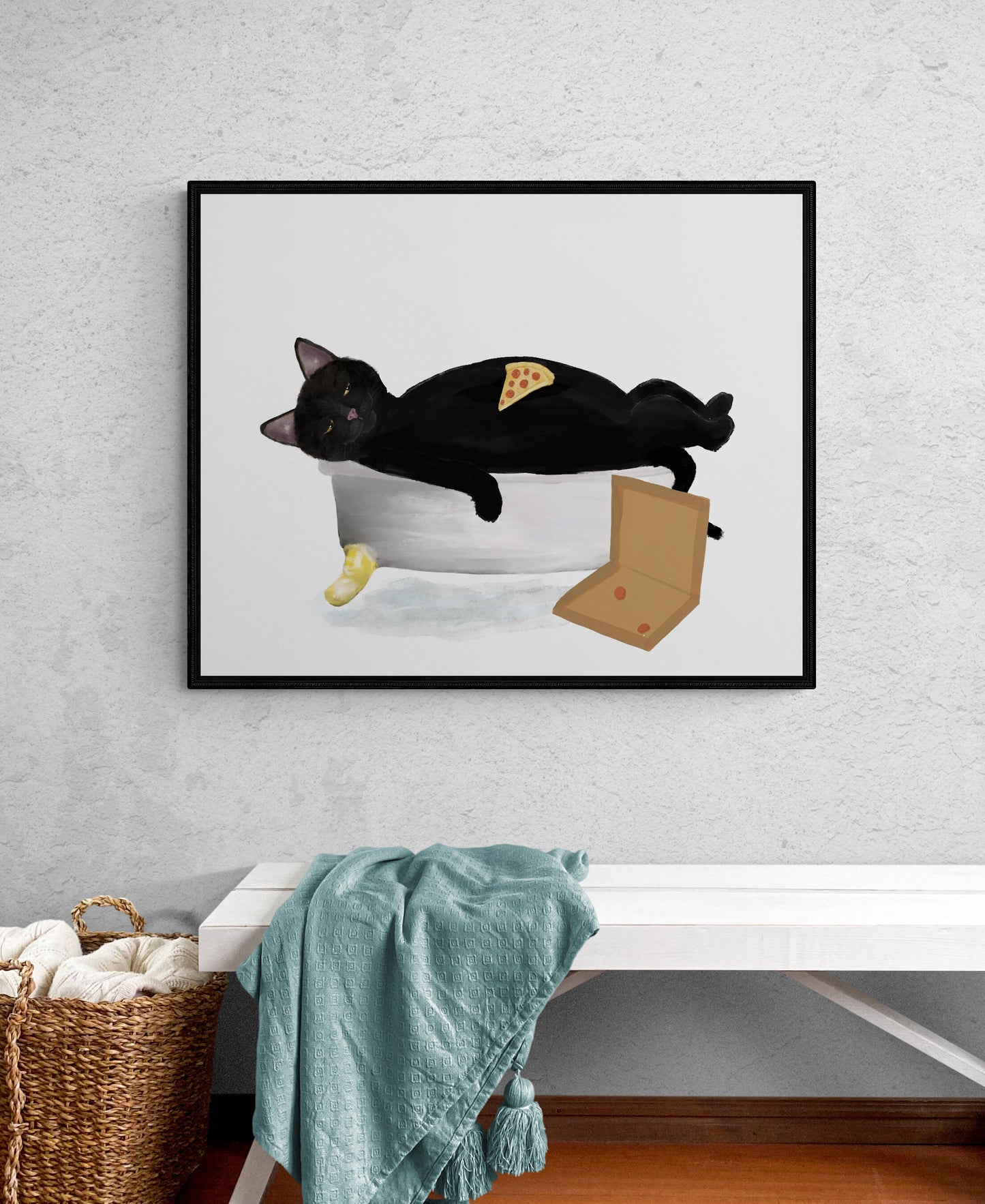Black Cat Eating Pizza in Tub Print