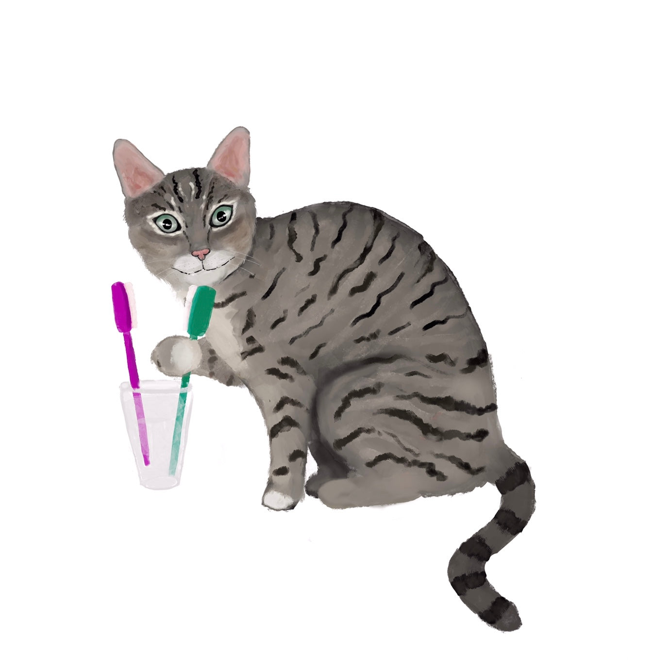 Gray Tabby Cat Licking Toothbrush