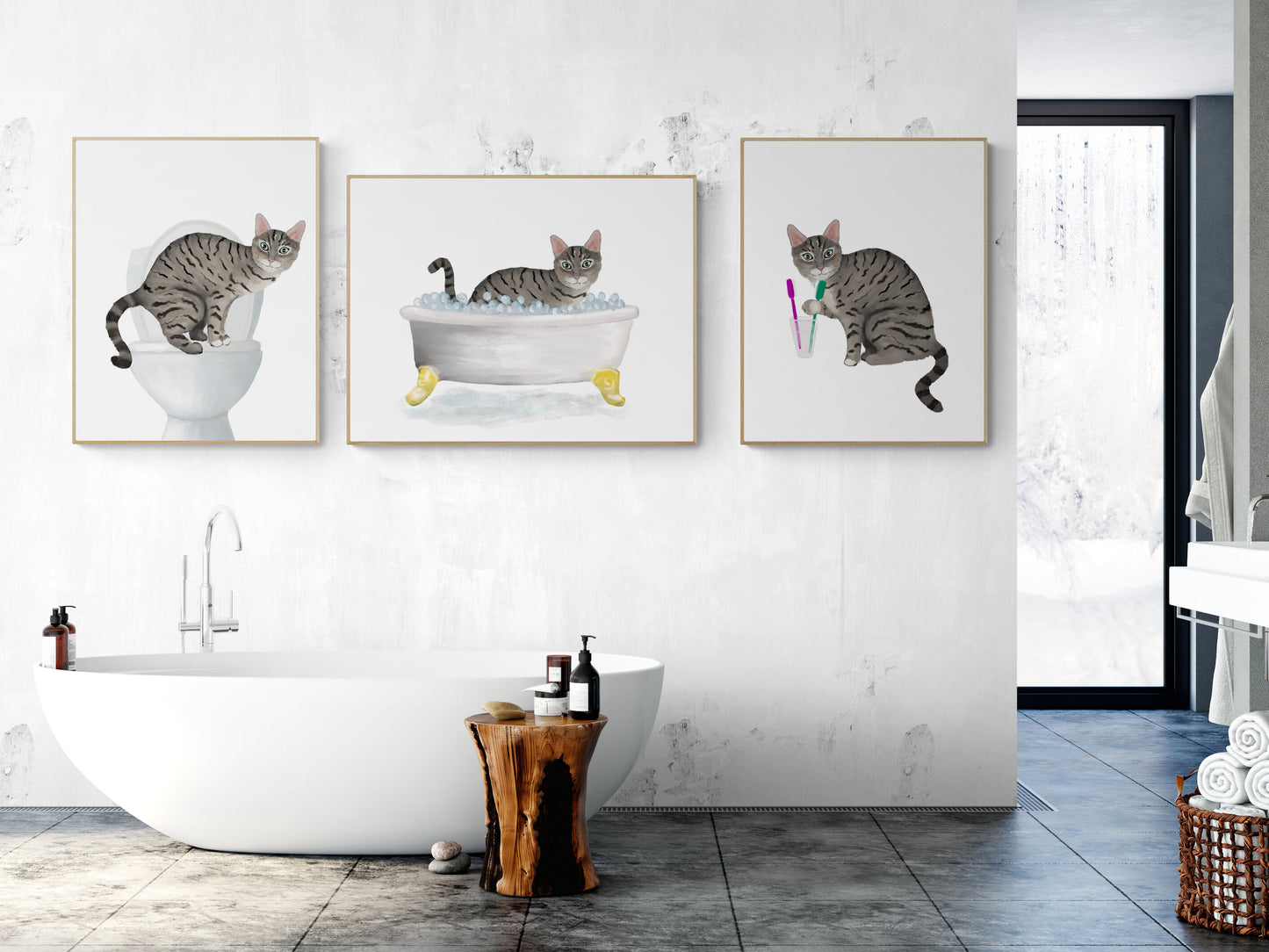 Gray Tabby Cat In Bath Set of 3 Print