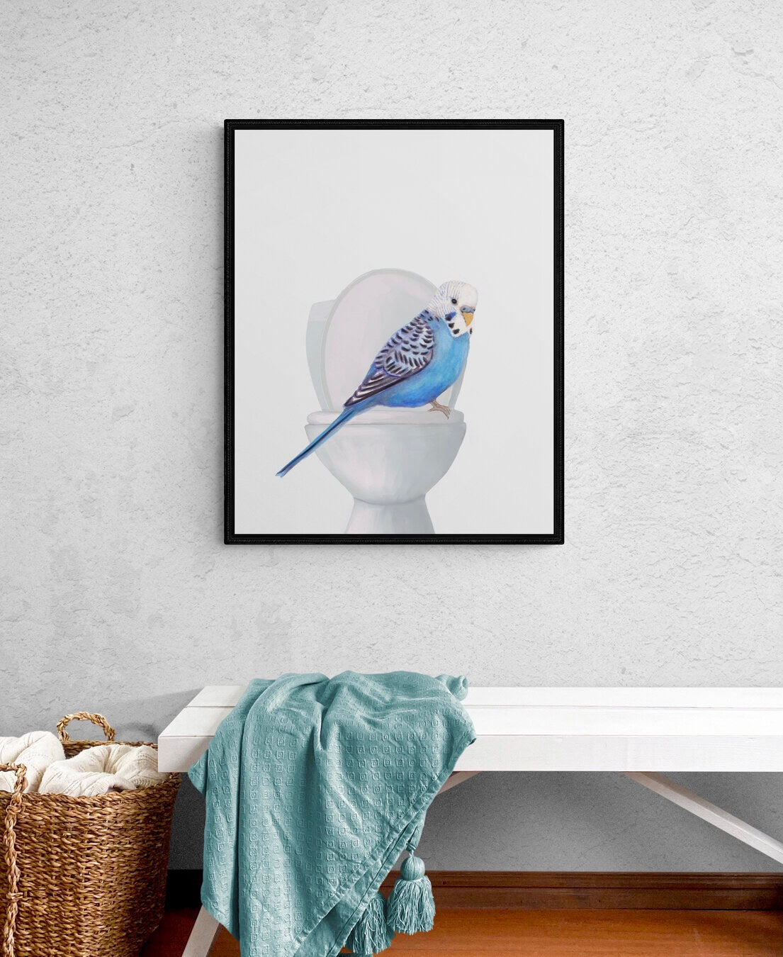Blue Parakeet On Toilet Print